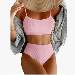 NWOT Lilosy Women's High waisted Tummy control Pink ribbed bikini crop top swim